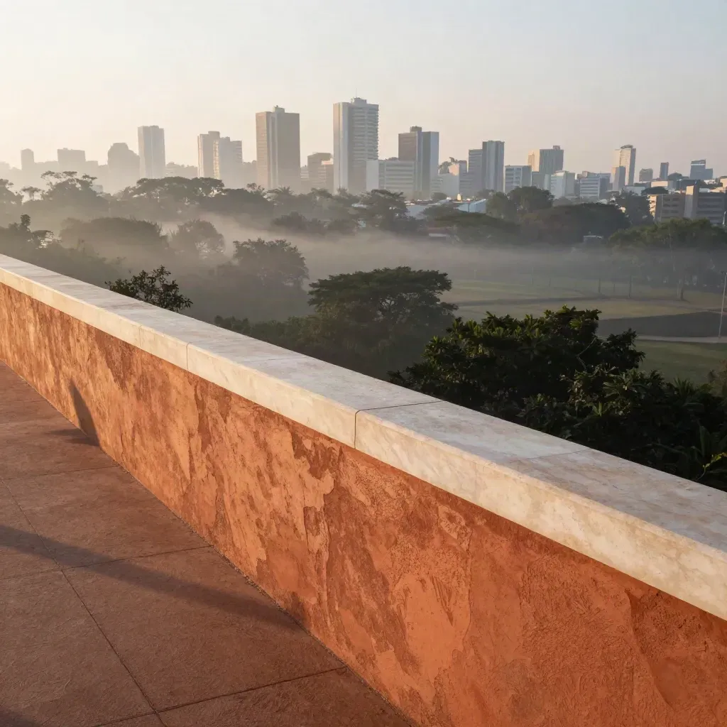 Vista elevada de Curitiba com neblina, torres ao fundo e pedra clara em primeiro plano.