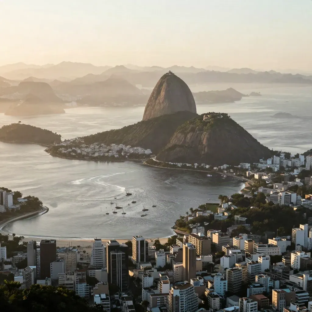 Vista aérea do Rio com o Pão de Açúcar e a baía envoltos em névoa.